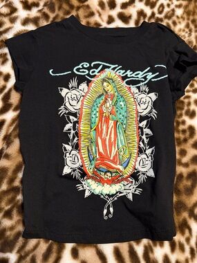 Ed Hardy Black Tee with Colorful Graphic Accents
